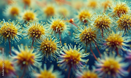 close-up view field yellow flowers with white and purple petals, set against blurred blue background.