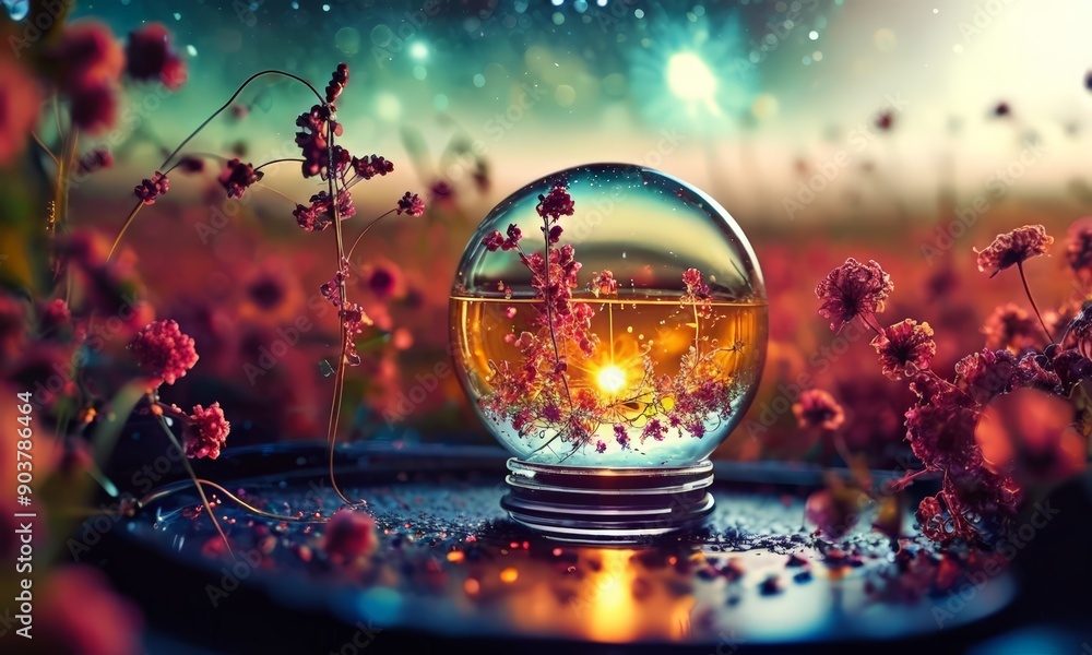 glass sphere with yellow liquid and pink flowers rests on black surface, surrounded by field red and pink glass sphere with yellow liquid and pink flowers rests on black surface, surrounded by field red and pink