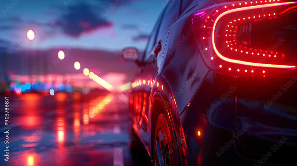 Close-up of a modern car's taillight at dusk on a wet urban street, reflecting colorful lights and a blurred background. Close-up of a modern car's taillight at dusk on a wet urban street, reflecting colorful lights and a blurred background.