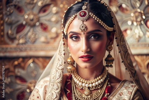 A beautiful Indian girl in a traditional Indian national costume, sari. Against the background of elephants. The portrait symbolizes the traditions, culture and beauty of the people of India.