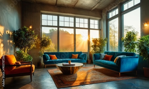 modern living room with large windows, blue sofa, round coffee table, and orange armchair, bathed in natural