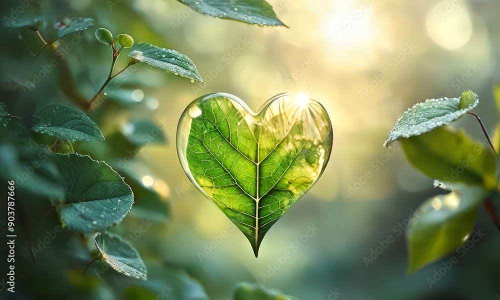 heart-shaped leaf, illuminated by sunlight, is nestled among lush green foliage, creating serene and natural heart-shaped leaf, illuminated by sunlight, is nestled among lush green foliage, creating serene and natural