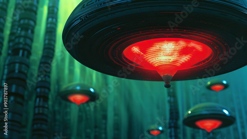 Futuristic scene with glowing red lights and hovering structures in a sci-fi, alien-like environment. Dark and eerie atmosphere.