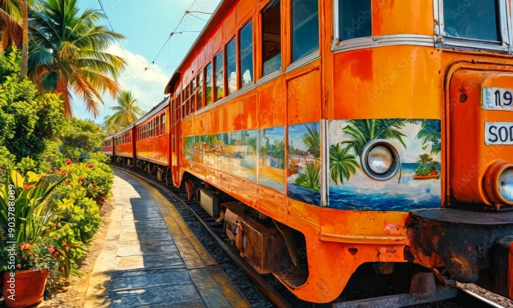 Obraz premium orange train with tropical mural travels along curved track, surrounded by lush greenery and palm trees.