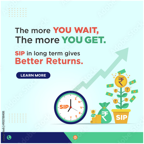  Long Term SIP  Investment Plans, Mutual Funds Creative Social Media, Digital Marketing Post Design Template Vector. Money, Savings, Finance, Profits etc.,