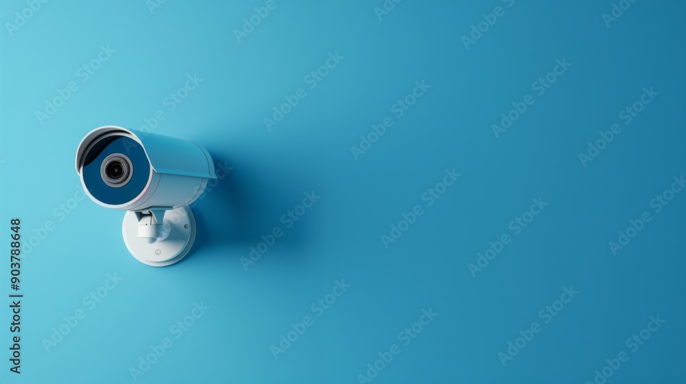 Wall security camera on blue background with text area, Copy space. Outdoor video surveillance Wall security camera on blue background with text area, Copy space. Outdoor video surveillance