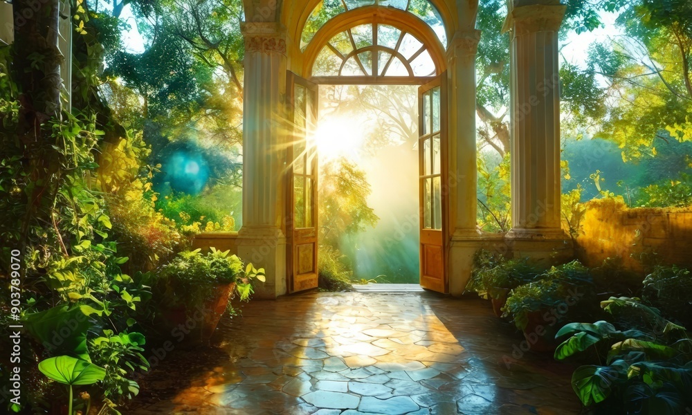 sunlit garden path leads to wooden archway, framed by lush greenery and blue sky, with warm glow from the sun sunlit garden path leads to wooden archway, framed by lush greenery and blue sky, with warm glow from the sun