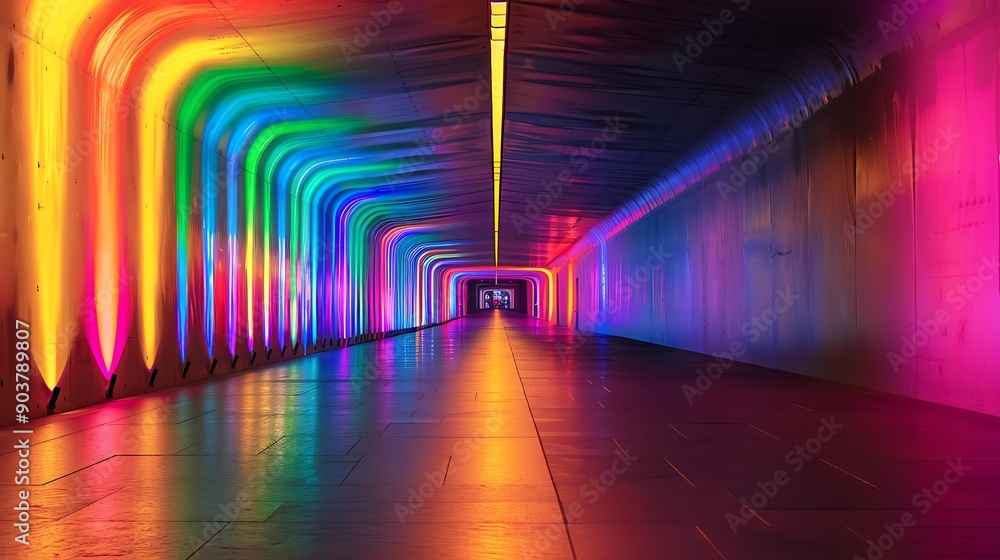 A long, dark tunnel with glowing rainbow hues cascading down the walls and ceiling A long, dark tunnel with glowing rainbow hues cascading down the walls and ceiling
