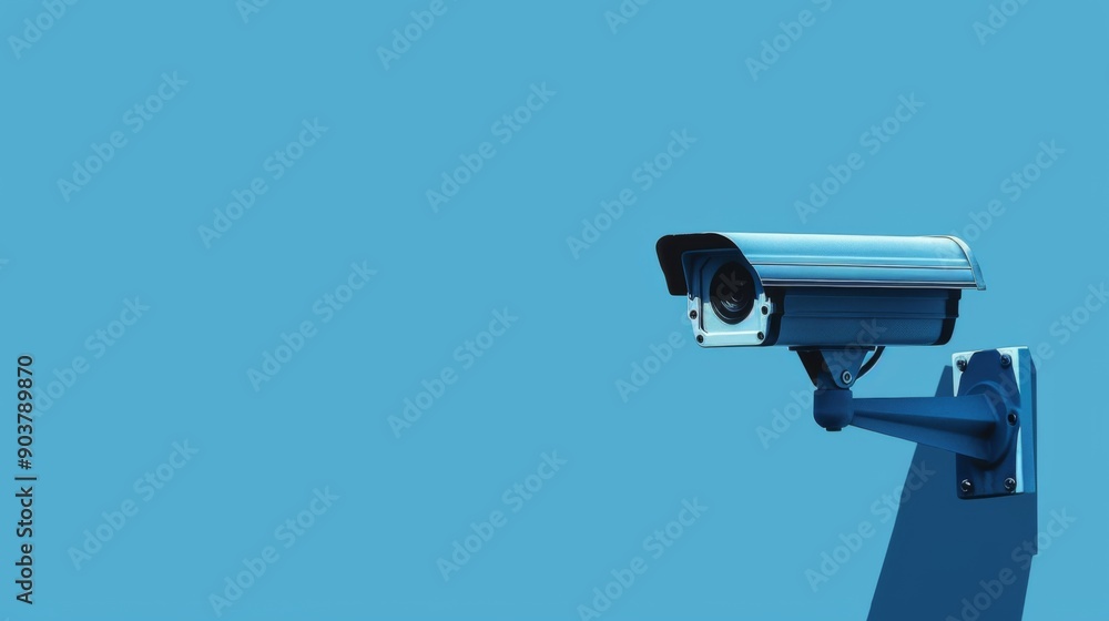 Wall security camera on blue background with text area, Copy space. Outdoor video surveillance Wall security camera on blue background with text area, Copy space. Outdoor video surveillance