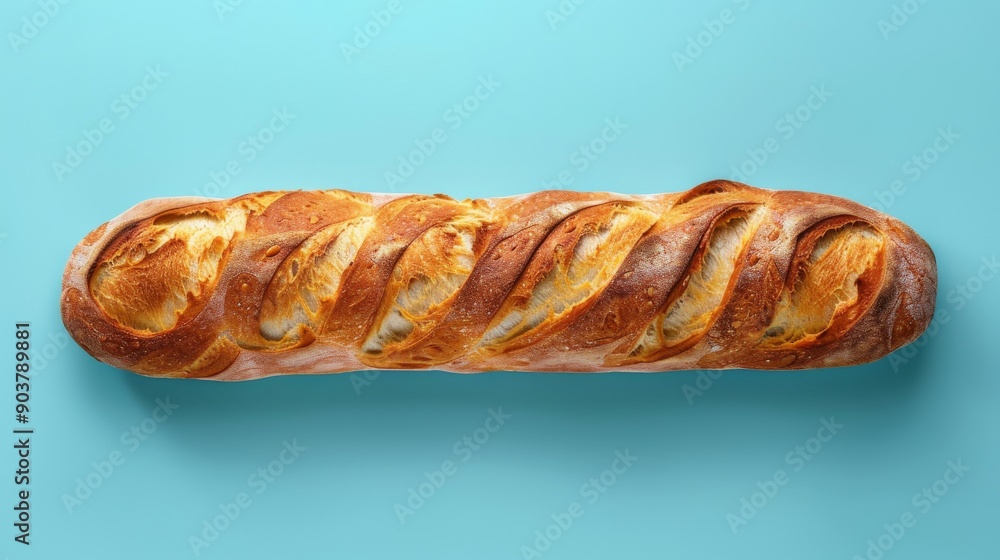 Freshly baked baguette with a crispy crust is lying on a vibrant blue background, showcasing its appetizing texture Freshly baked baguette with a crispy crust is lying on a vibrant blue background, showcasing its appetizing texture