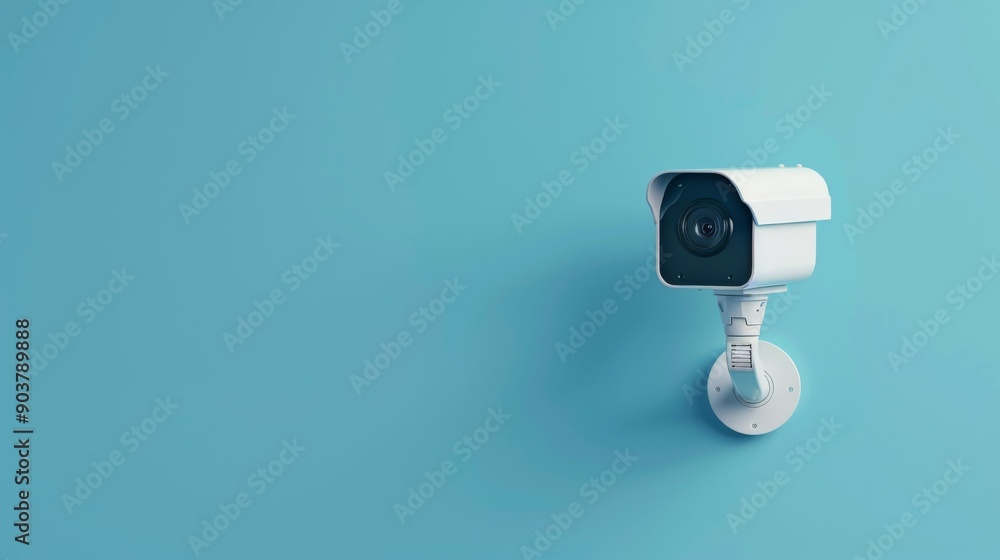 Wall security camera on blue background with text area, Copy space. Outdoor video surveillance Wall security camera on blue background with text area, Copy space. Outdoor video surveillance