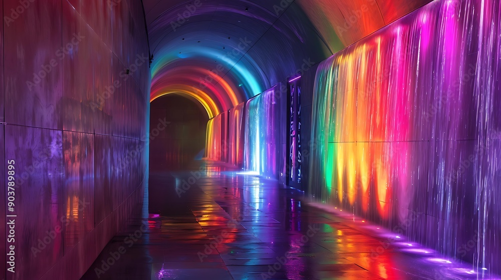 A long, dark tunnel with glowing rainbow hues cascading down the walls and ceiling A long, dark tunnel with glowing rainbow hues cascading down the walls and ceiling
