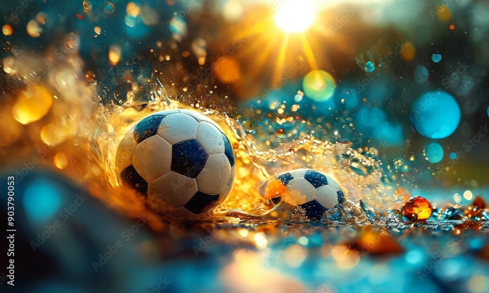Fototapeta premium Two soccer balls, one larger and one smaller, are captured in motion, with the larger ball kicking up spray