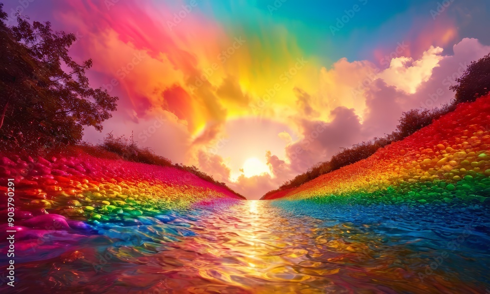 vibrant rainbow-colored landscape with winding river and lush vegetation, set against dramatic sky with vibrant rainbow-colored landscape with winding river and lush vegetation, set against dramatic sky with