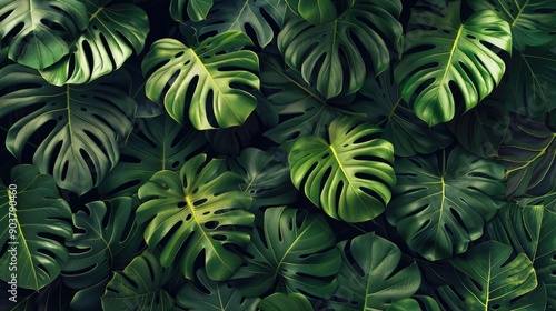 Close-up photo of lush green leaves. Perfect for designs with tropical or nature themes.