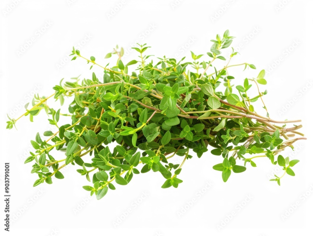 Fresh thyme sprig displayed with vibrant green leaves against a crisp white background Fresh thyme sprig displayed with vibrant green leaves against a crisp white background
