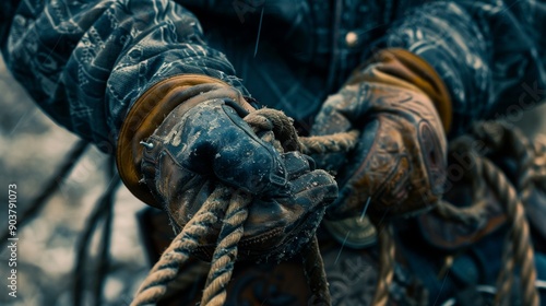 A person in weathered gloves is skillfully tying a rope amidst a light rain, showcasing dedication in a rustic outdoor environment.