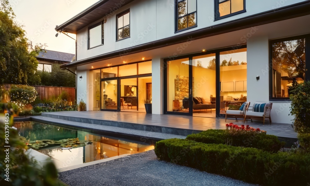 Obraz premium modern house with large windows, pool, and well-maintained garden is bathed in warm light, creating serene