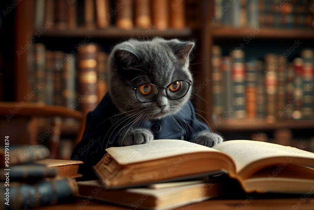 A cat wearing glasses is sitting on a desk with a book open in front of it. The scene is playful and whimsical, as the cat appears to be pretending to read A cat wearing glasses is sitting on a desk with a book open in front of it. The scene is playful and whimsical, as the cat appears to be pretending to read