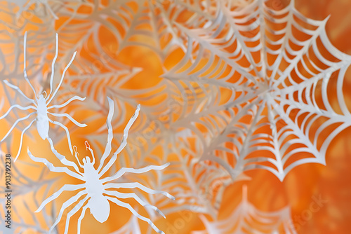A paper craft spider web with two white spiders on it