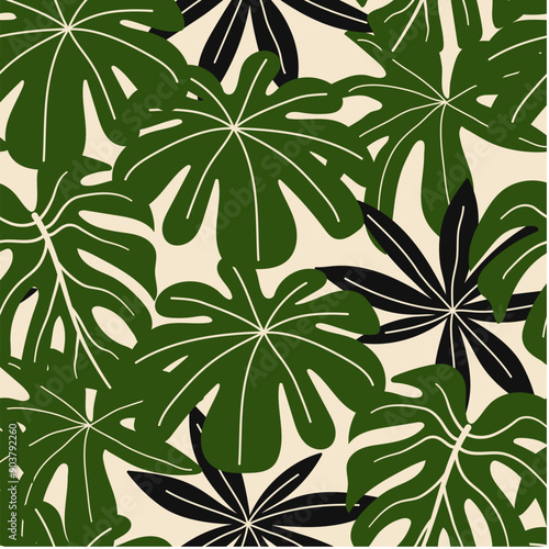 Abstract seamless tropical pattern with bright plants and leaves on a delicate background. 
Summer colorful hawaiian seamless pattern with tropical plants. Beautiful print with hand drawn floral plant