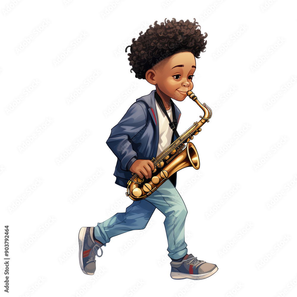 Naklejka premium An illustration of a boy playing a saxophone while walking