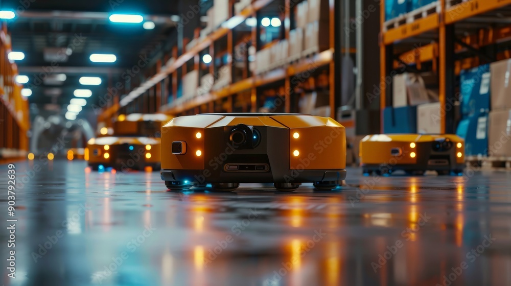 Automated robots moving packages in a modern warehouse Automated robots moving packages in a modern warehouse