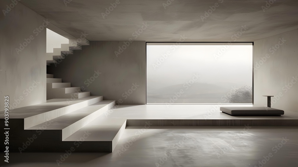 Minimalist Modern Interior Design with Concrete Stairs and a Large Window Minimalist Modern Interior Design with Concrete Stairs and a Large Window