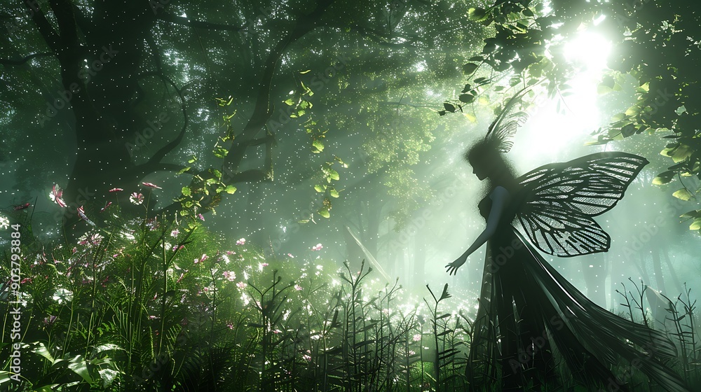 Obraz premium A mystical fairy with large wings stands in a sunlit forest.