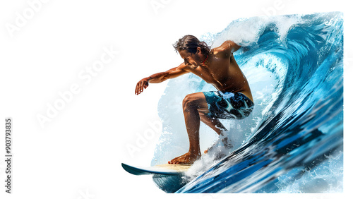 Surfer surfing on a wave of water isolated on a transparent background, PNG