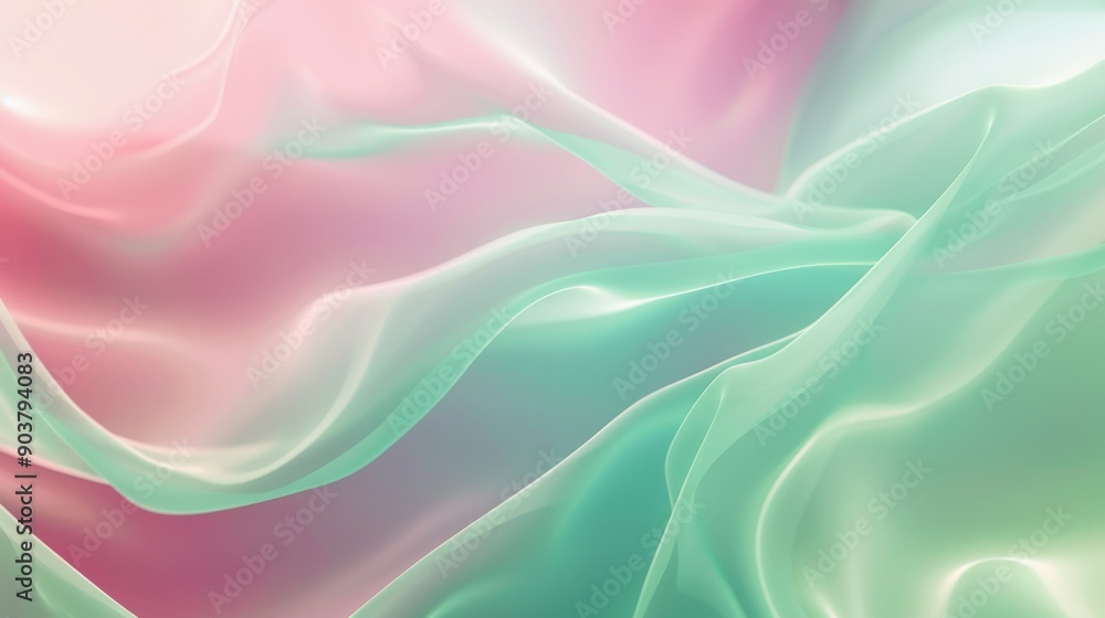 Obraz premium Soft pastel fabric background with fluid waves in pink and green hues, creating a tranquil atmosphere