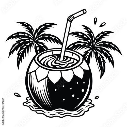 A vivid and lively illustration of a coconut on a beach, designed to be printed on a T-shirt.