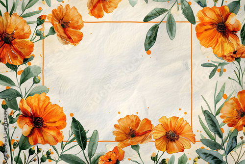 Floral Watercolor Frame with Orange Flowers