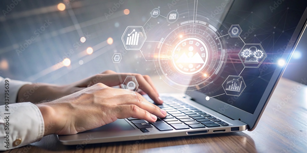 A close-up view of hands typing on a laptop, surrounded by futuristic digital icons representing data analysis, graphs, and technology. This image illustrates the fusion of human effort. A close-up view of hands typing on a laptop, surrounded by futuristic digital icons representing data analysis, graphs, and technology. This image illustrates the fusion of human effort.
