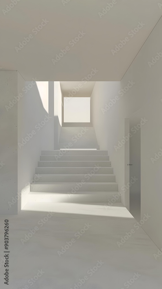 Fototapeta premium Minimalist Interior Design With White Stairs And Sunlight