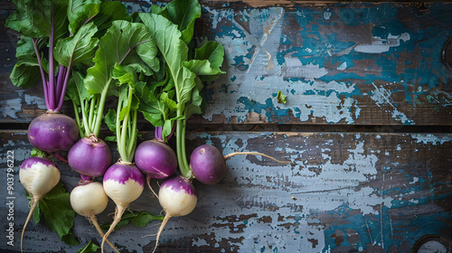 Purple and White Turnips on Weathered Wooden Table