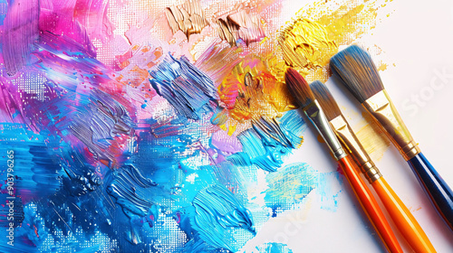 Colorful Paint Brushes and Strokes on Canvas