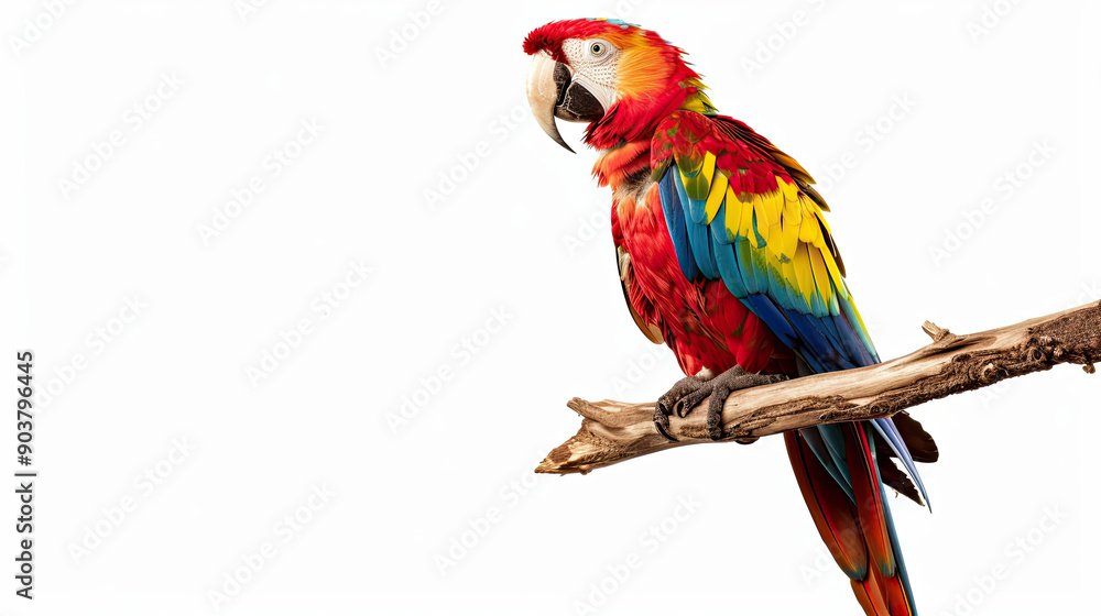 Fototapeta premium A vibrant parrot with bright feathers sits gracefully on a wooden branch