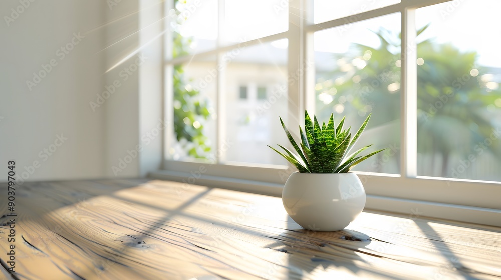 Bright and airy minimalist office, featuring a small potted plant on a wooden table and large windows that allow natural light to pour in Bright and airy minimalist office, featuring a small potted plant on a wooden table and large windows that allow natural light to pour in