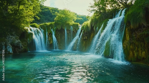Waterfalls with clear water in Plitvice National Park