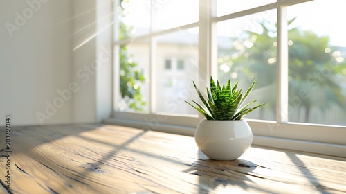 Bright and airy minimalist office, featuring a small potted plant on a wooden table and large windows that allow natural light to pour in