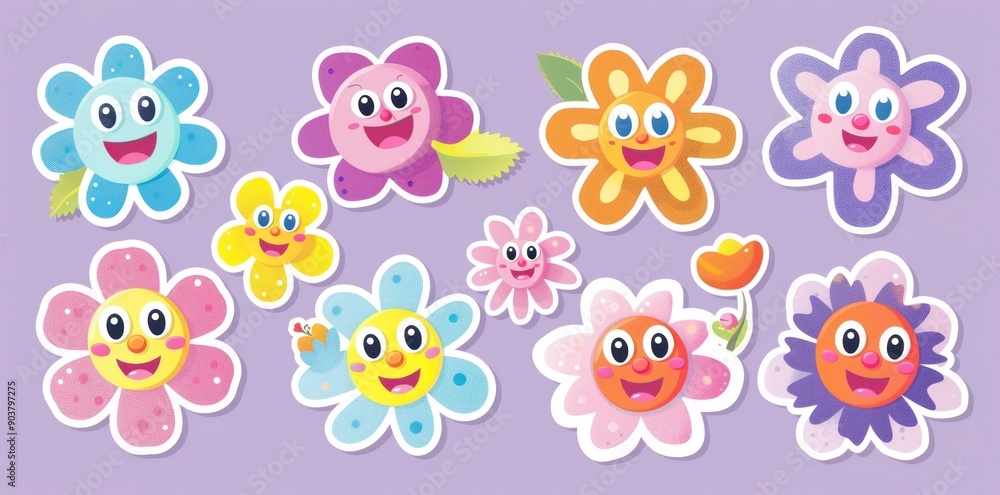 Sticker vector picture of cartoon flowers with eyes and smiling faces on a pastel background. Generative ai Sticker vector picture of cartoon flowers with eyes and smiling faces on a pastel background. Generative ai