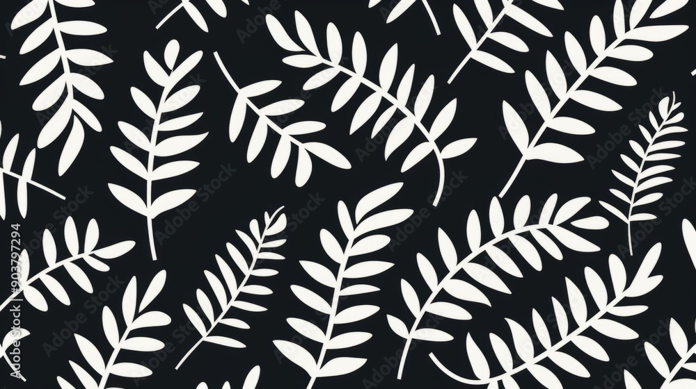 A striking pattern of white leaves against a black background, ideal for modern home decor or fashion textiles A striking pattern of white leaves against a black background, ideal for modern home decor or fashion textiles
