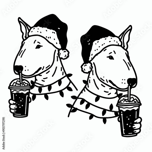  Bull Terrier Dog with santa claus hat tangled wrap around with Christmas lights. Drinking Coffee in Holiday Party Cute Doodle Cartoon Line Art Vector Clipart  