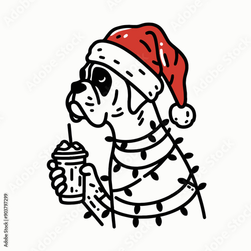  Boxer Dog with santa claus hat tangled wrap around with Christmas lights. Drinking Coffee in Holiday Party   Cute Doodle Cartoon Line Art Vector Clipart