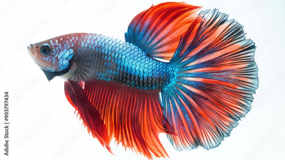 A stunning close-up photograph of a red and blue Siamese fighting fish isolated on white background. A stunning close-up photograph of a red and blue Siamese fighting fish isolated on white background.