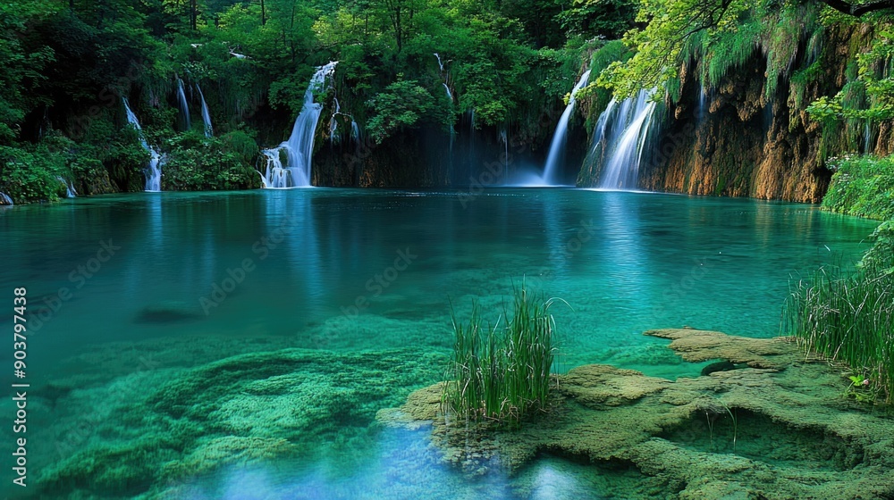 Naklejka premium Waterfalls with clear water in Plitvice National Park