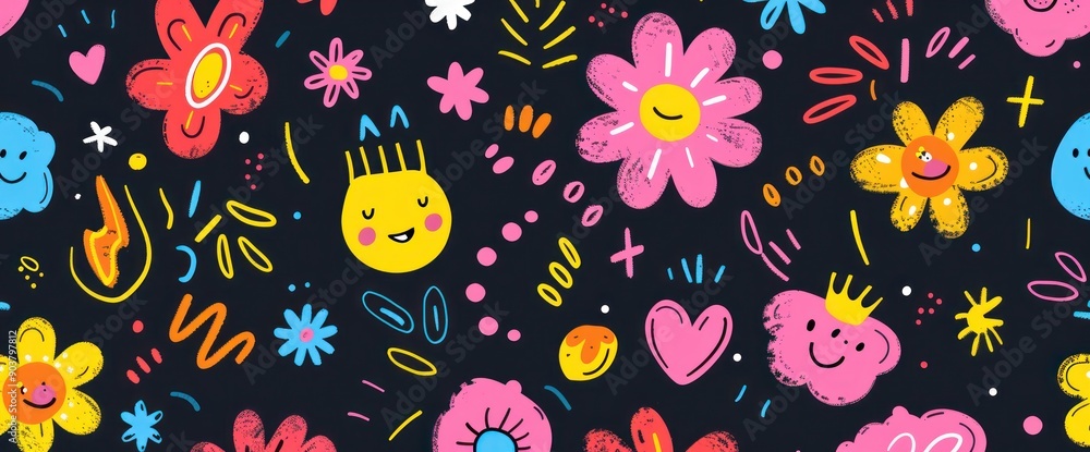 Colorful abstract doodles of flowers, lightning, stars, and hearts on a black background - Generative ai Colorful abstract doodles of flowers, lightning, stars, and hearts on a black background - Generative ai