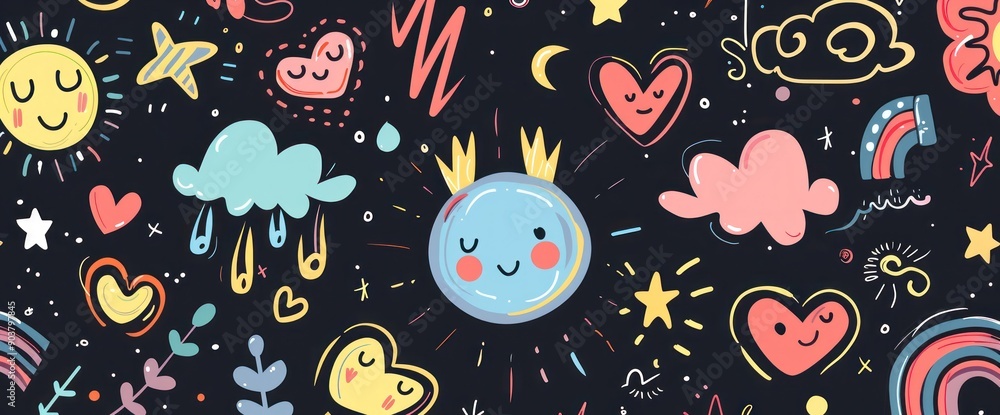 Colorful abstract doodles of flowers, lightning, stars, and hearts on a black background - Generative ai Colorful abstract doodles of flowers, lightning, stars, and hearts on a black background - Generative ai