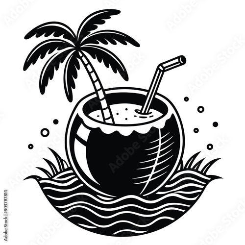 A vivid and lively illustration of a coconut on a beach, designed to be printed on a T-shirt.